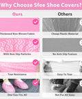 Comparison of pink non-slip durable recyclable non-woven booties vs plastic shoe covers; highlights flexibility and tear resistance.