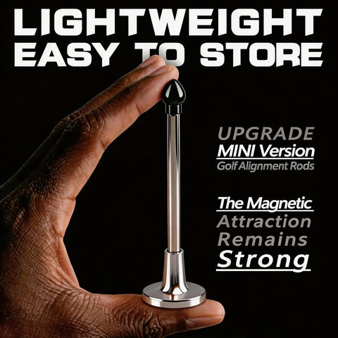 Hand holding magnetic alignment rod for irons and wedges, telescopic golf training aid to visualize and align club face at impact.