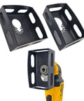 Three black square-slot drywall outlet cutters; two spare and one installed on a yellow oscillating tool; hardened steel