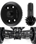 Close-up of Beefy Steel Front and Rear Differential Gear Set for Traxxas One Sixteenth Mini Maxx RC Monster Truck with spiral cut gears.