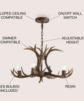 26 Inch Brown Resin Faux Horn Antler Chandelier 4 Light Rustic Farmhouse Hanging Light for Dining Room Living Room Cabin