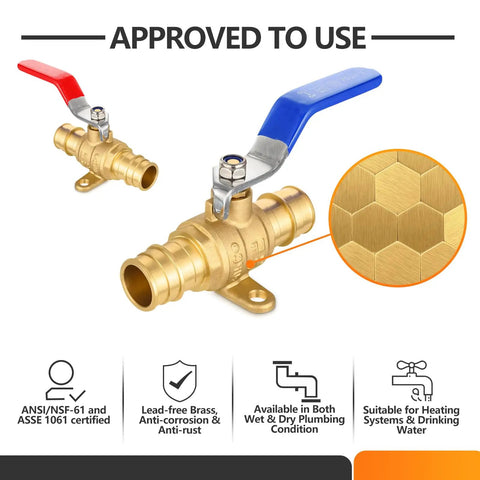 Two Pack Three Quarter Inch PEX A Expansion Ball Valve With Drop Ear Brass Shut Off For PEX A Pipes Red And Blue, ASTM F1960