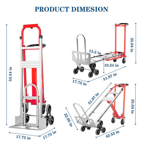 Heavy Duty Convertible Hand Truck For 1000 Lb Load, Aluminum And Steel Workhorse Dolly dimensions in 3 configurations