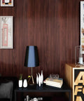 Slick Peel And Stick Countertop Wrap Featuring Sweet Dark Walnut Wood Grain on a wall with decor and furniture.