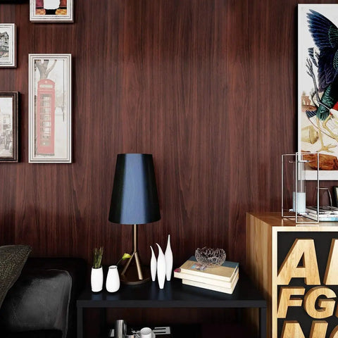 Slick Peel And Stick Countertop Wrap Featuring Sweet Dark Walnut Wood Grain on a wall with decor and furniture.