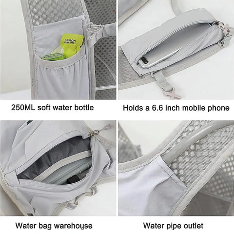 Go-To Hydration Vest Backpack For Runners And Cyclists showing pockets and storage for phone and soft water bottle, Granny Gray