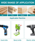 Infographic showing materials MDF, wood, plywood, hard wood with hand drills, bench drills, electric drills for woodworking use.
