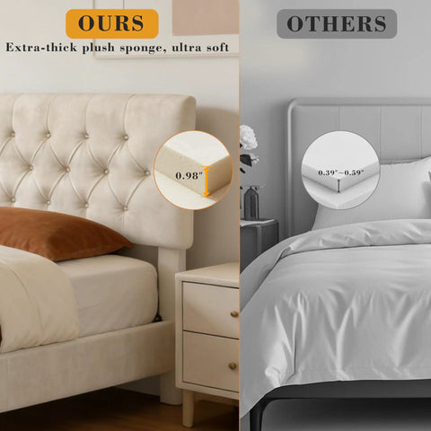 Queen Size Bed Frame With Plush Velvet Upholstered Headboard And Elegant Button Tufting Featuring Heavy Duty Wooden Slats For Zero Hassle Sleep No Box Spring Needed Straight Up Cozy Beige comparison of plush sponge thickness