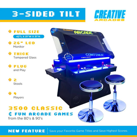 Full Size Commercial Grade Cocktail Arcade Cabinet for Home Game Rooms, 2 Player, 3500 Classic Games, 26 Inch LCD, LED Lighting, 2 Stools