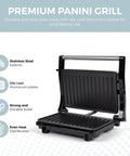 Alpha Living Electric Griddle Panini Press With Non Stick Coating, Stainless Steel 3 In 1 Sandwich Maker And Grill For Burgers And Veggies. Open view showing die cast aluminum plates and stainless steel exterior.