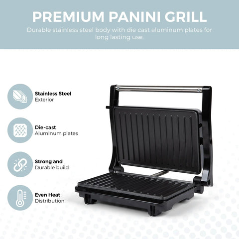 Alpha Living Electric Griddle Panini Press With Non Stick Coating, Stainless Steel 3 In 1 Sandwich Maker And Grill For Burgers And Veggies. Open view showing die cast aluminum plates and stainless steel exterior.