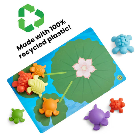 Tactile Turtles Math Activity Set for Toddlers and Preschoolers, colorful sensory counters on a lily pad play mat, made with recycled plastic
