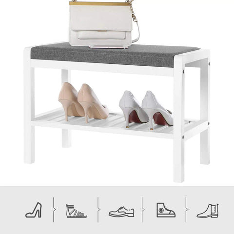 Comfy Cushioned Shoe Bench With Storage Shelf And Padded Seat, Heavy-Duty Entryway Organizer That Holds Up To 350 Lbs, gray and white bench with shoes