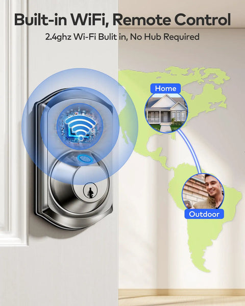 Wifi Fingerprint Smart Door Lock For Front Door Keyless Entry With App Remote Control And Alexa Google Home Compatible Fresh Satin Nickel Design showing built-in WiFi and remote control features.
