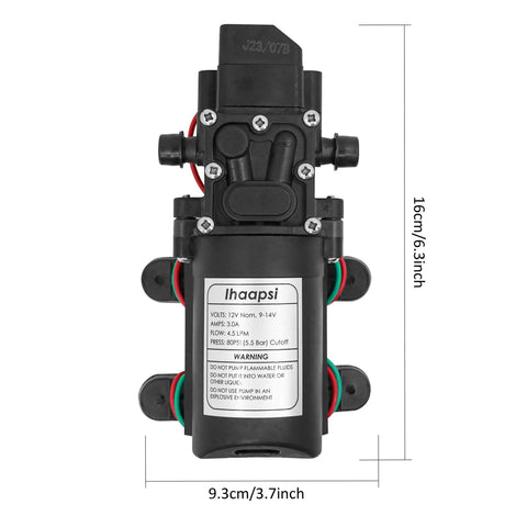 Rugged 12V DC Fresh Water Pump With 2 Hose Clamps Self Priming Diaphragm Pump Pressure Switch 4.5 Liters Per Minute 80 PSI Adjustable