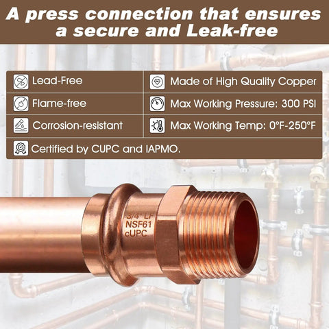Heavy Duty Copper Press Fittings Kit Twelve Pack Three Quarter Inch Copper Press to Three Quarter Inch Male NPT Adapters