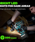 Bright LED lights assist in dark areas while using Heavy Duty Cordless Impact Wrench 1 Inch Drive Brushless Motor for lug nut removal.