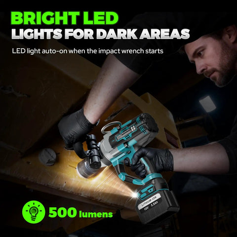 Bright LED lights assist in dark areas while using Heavy Duty Cordless Impact Wrench 1 Inch Drive Brushless Motor for lug nut removal.
