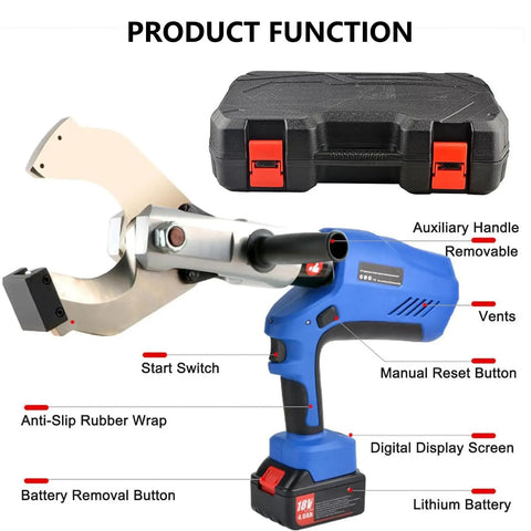 Heavy Duty Electric Ratchet Cable Cutter For Pipelines And Sea Rescue. Rechargeable Hydraulic Wire Cutting Tool With Charger showing features.