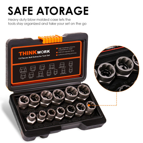 Bolt Extractor Kit For Damaged Rusted Stripped Fasteners, Thirteen Plus One Nut Extractor Socket Set, open in case.