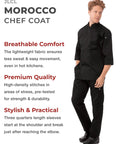 Model wearing Morocco Mens Chef Coat Black XX Large Comfort Fit With Easy Movement Durable Poly Cotton Blend Reinforced Stitching.