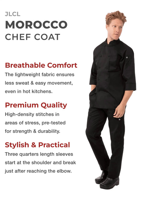 Model wearing Morocco Mens Chef Coat Black XX Large Comfort Fit With Easy Movement Durable Poly Cotton Blend Reinforced Stitching.