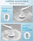 Cordless Spin Scrub With 600 RPM Power, showing 2-speed settings and adjustable handle, cleaning tile floor.