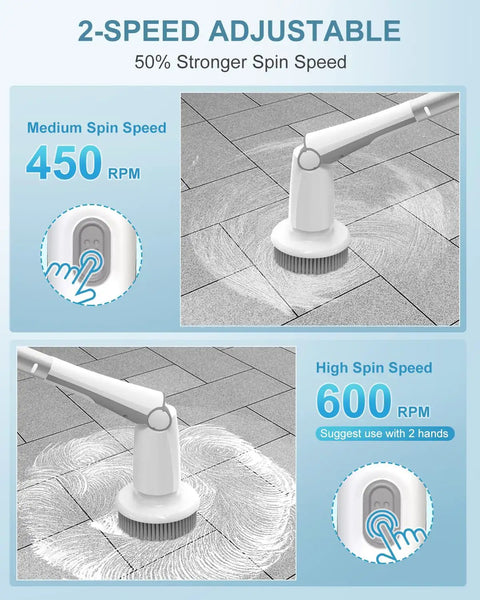 Cordless Spin Scrub With 600 RPM Power, showing 2-speed settings and adjustable handle, cleaning tile floor.
