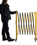 Heavy Duty Expandable Metal Barricade, 11 Ft Yellow Black Folding Security Gate with casters for easy transport.