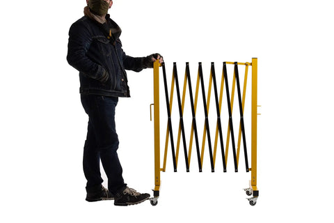 Heavy Duty Expandable Metal Barricade, 11 Ft Yellow Black Folding Security Gate with casters for easy transport.