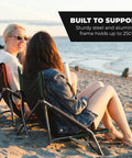 Two women sitting on Low Profile Folding Camping Chair With Carry Bag Lightweight Breathable Mesh Seat on the beach.