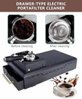 Slick Electric Coffee Puck Knock Box For Zero Hassle Espresso Cleanup featuring portafilter before and after cleaning.