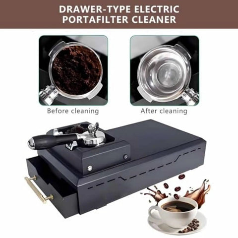 Automatic Electric Portafilter Cleaner For 58mm Espresso Machines showing before and after cleaning espresso pucks.