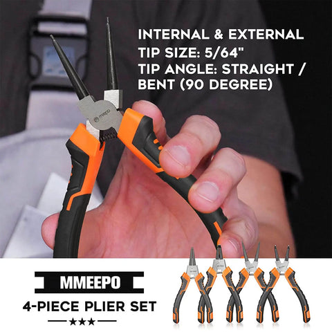 Hand holding Heavy Duty Snap Ring Pliers Set 7 Inch 4 Piece Internal External Circlip Tools with Straight and 90 Degree Bent Jaws