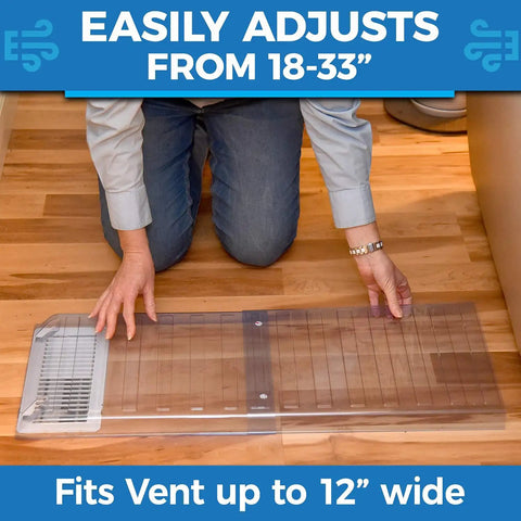 Person adjusting Air Under Furniture Magnetic Vent Extender for 10 to 12 Inch Floor Registers, extends from 17 to 33 inches.