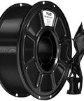 Silk PLA Filament 1.75mm Black Metallic Gloss for 3D Printing on a 1kg Spool, spool next to a glossy black dragon model.