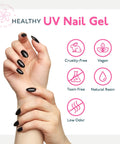 Hands with black polished nails, labeled healthy UV nail gel, cruelty-free, vegan, toxin-free, natural resin, low odor Gel Base Coat And Top Coat Set 15ml No Wipe High Gloss Nail Kit Two Pack For Manicure At Home Or Salon Beginners Friendly Low Odor Easy Application UV Light Cure Gift For Women