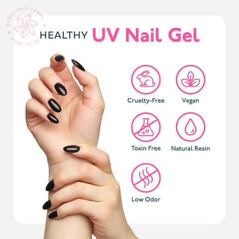Hands with black polished nails, labeled healthy UV nail gel, cruelty-free, vegan, toxin-free, natural resin, low odor Gel Base Coat And Top Coat Set 15ml No Wipe High Gloss Nail Kit Two Pack For Manicure At Home Or Salon Beginners Friendly Low Odor Easy Application UV Light Cure Gift For Women