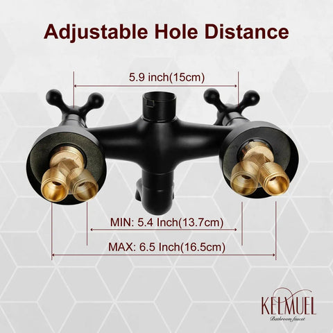 Oil Rubbed Bronze Exposed Pipe Shower System with Wall Mount Mixer and Cross Handles showing adjustable hole distance.