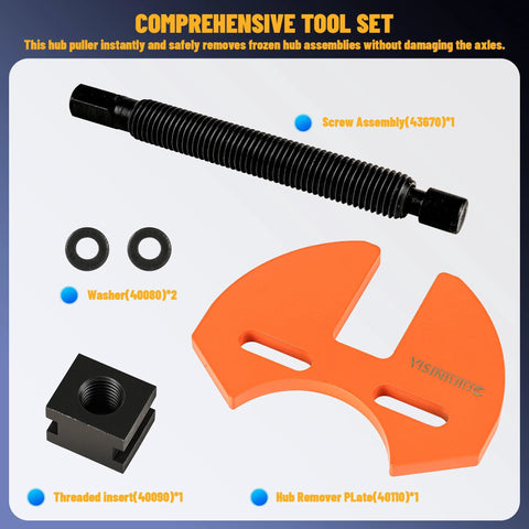 Wheel hub removal tool set with orange hub remover plate, long black puller rod, two washers, threaded insert