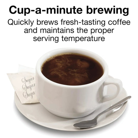 Hot coffee cup with saucer, spoon, and sugar packets emphasizing fast brewing feature of Boss Level 100 Cup Coffee Urn With Fast Brewing One Hand Dispensing Dual Heaters Brushed Aluminum Finish NSF Listed Commercial Grade For Offices Cafeterias And Big Events