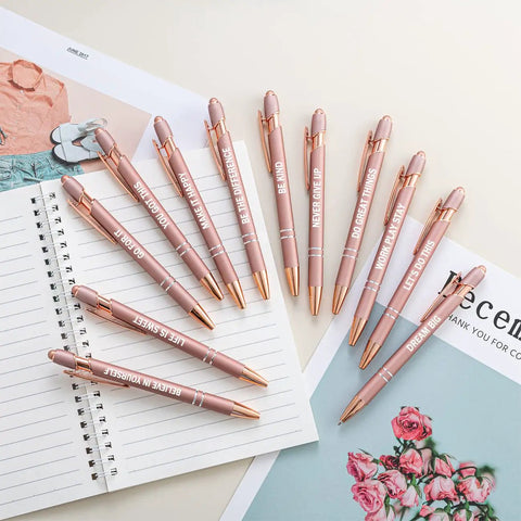 Set Of 12 Rose Gold Motivational Quote Pens With Screen Touch Stylus Snarky Office Scripture Ballpoint Pens In Black Ink