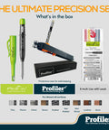Top Tier Multifunction Scribing Tool Kit Featuring Self Locking Adjustment Pica Dry Long Life Automatic Pencil And Eight Versatile Refill Leads For Dead On Precision Marking And Hella Quick Layouts Black displayed in protective case with tools and leads.