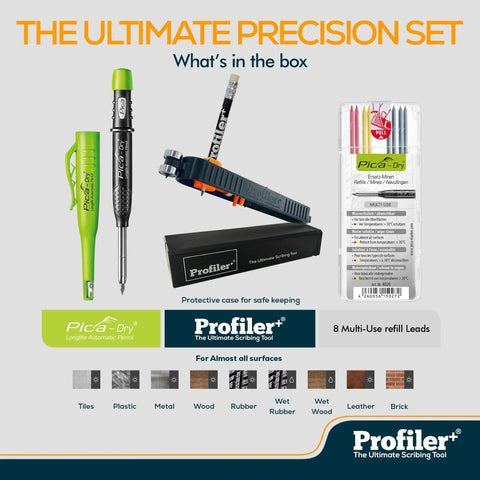 Top Tier Multifunction Scribing Tool Kit Featuring Self Locking Adjustment Pica Dry Long Life Automatic Pencil And Eight Versatile Refill Leads For Dead On Precision Marking And Hella Quick Layouts Black displayed in protective case with tools and leads.