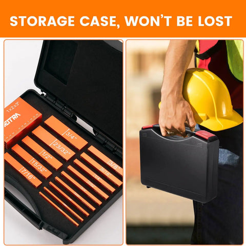Pro Woodworking Setup Blocks Aluminum Height Gauge Set 15 Pcs in storage case, highlighting convenient organization and portability.