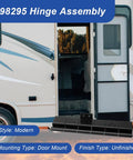 Built Like A Tank Black Six Leaf Friction Hinge Assembly For RV Camper And Entry Doors Wind Resistant Anti Slam Screen Door Replacement Kit Heavy Duty Smooth Action Two Pack installed on RV door.