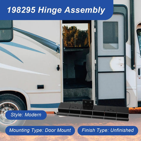 Built Like A Tank Black Six Leaf Friction Hinge Assembly For RV Camper And Entry Doors Wind Resistant Anti Slam Screen Door Replacement Kit Heavy Duty Smooth Action Two Pack installed on RV door.