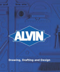Alvin logo with drafting and design tools background, featuring ruler, compass, and triangle against blue backdrop.