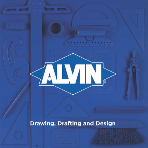 Alvin logo with drafting and design tools background, featuring ruler, compass, and triangle against blue backdrop.