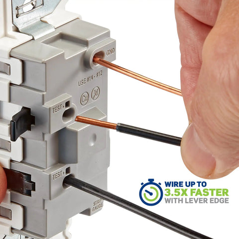 Lever Edge 15 Amp Single Pole Rocker Switch demonstrating fast wire insertion with copper wires for DIY install.